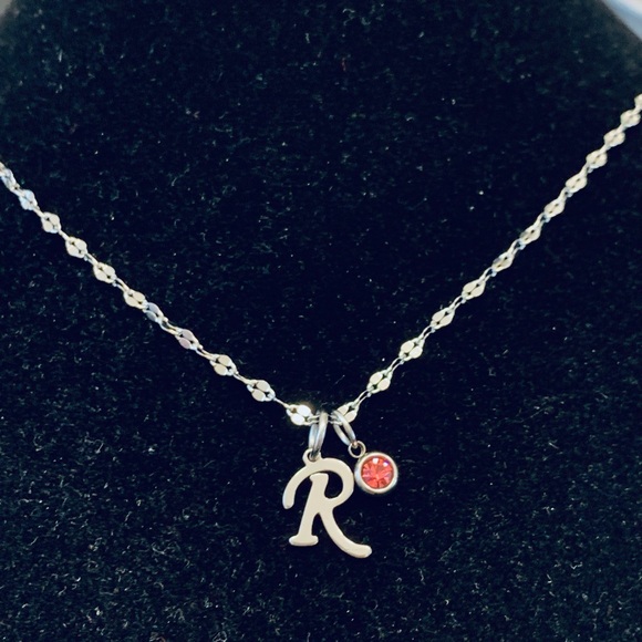 Letter Initial (cursive font) chain necklace with birthstone charm - Picture 5 of 7